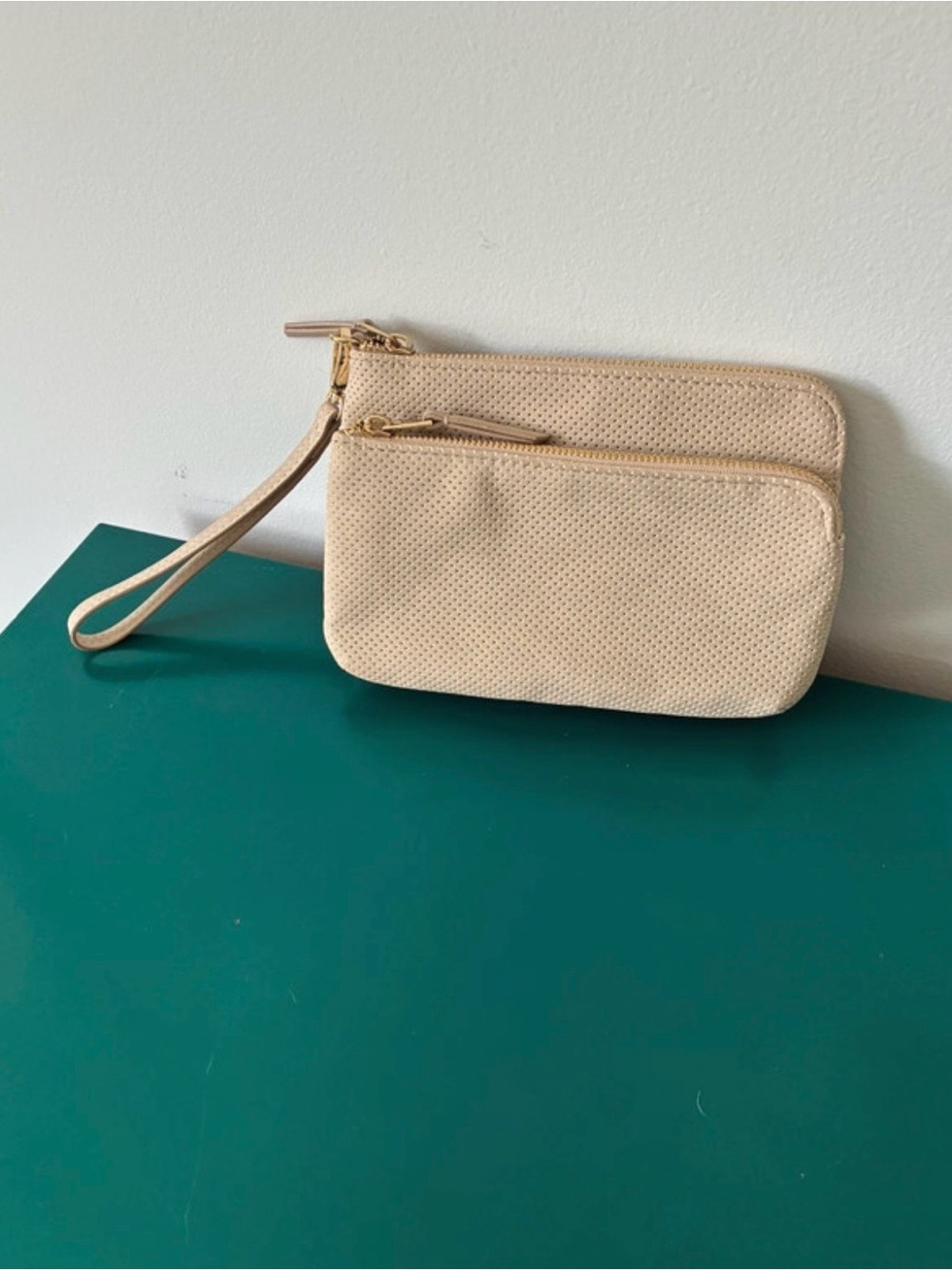Varsity Beige Perforated Wristlet Clutch